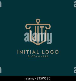 JT monogram initial logo design with shield and pillar shape design Stock Vector