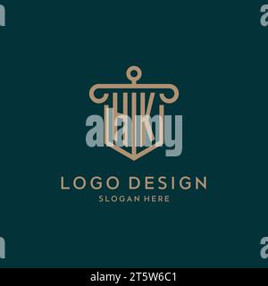 HK monogram initial logo design with shield and pillar shape design Stock Vector
