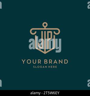 JP monogram initial logo design with shield and pillar shape design Stock Vector