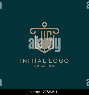 JG monogram initial logo design with shield and pillar shape design Stock Vector