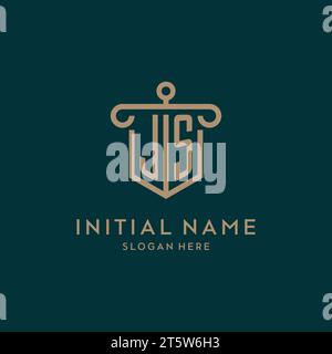 JS monogram initial logo design with shield and pillar shape design Stock Vector