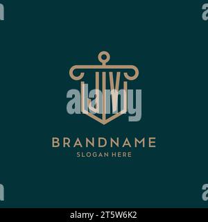JV monogram initial logo design with shield and pillar shape design Stock Vector