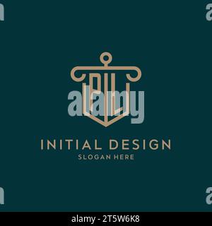 PL monogram initial logo design with shield and pillar shape design Stock Vector