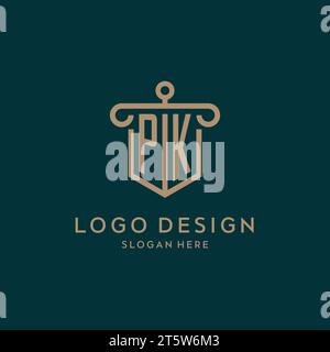 PK monogram initial logo design with shield and pillar shape design Stock Vector