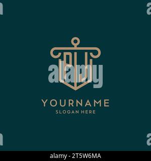 PJ monogram initial logo design with shield and pillar shape design Stock Vector