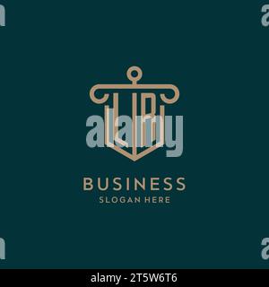 LR monogram initial logo design with shield and pillar shape design Stock Vector