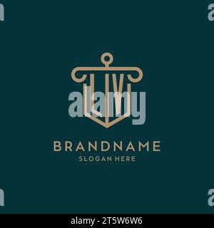 LV monogram initial logo design with shield and pillar shape design Stock Vector