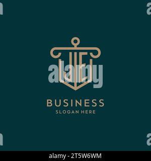 JE monogram initial logo design with shield and pillar shape design Stock Vector