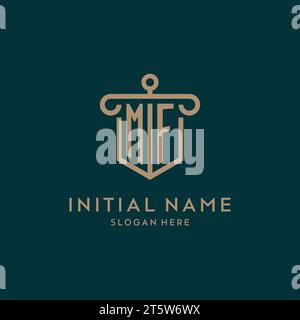 MF monogram initial logo design with shield and pillar shape design Stock Vector