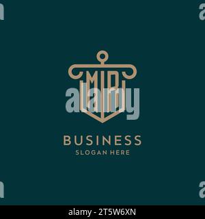 MR monogram initial logo design with shield and pillar shape design Stock Vector