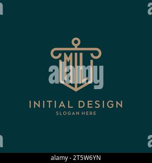 ML monogram initial logo design with shield and pillar shape design Stock Vector