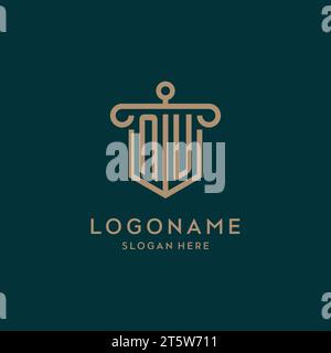 NU monogram initial logo design with shield and pillar shape design Stock Vector