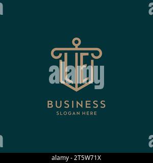 LE monogram initial logo design with shield and pillar shape design Stock Vector