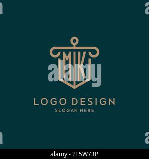MK monogram initial logo design with shield and pillar shape design Stock Vector