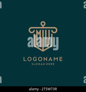 MU monogram initial logo design with shield and pillar shape design Stock Vector
