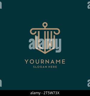 LW monogram initial logo design with shield and pillar shape design Stock Vector