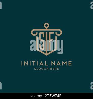 SF monogram initial logo design with shield and pillar shape design Stock Vector