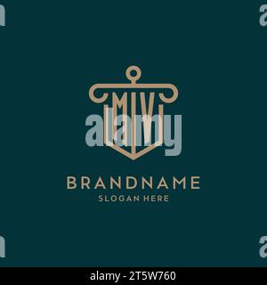 MV monogram initial logo design with shield and pillar shape design Stock Vector
