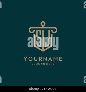 SJ monogram initial logo design with shield and pillar shape design Stock Vector