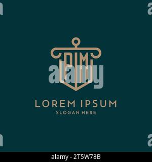 PM monogram initial logo design with shield and pillar shape design Stock Vector