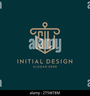 SL monogram initial logo design with shield and pillar shape design Stock Vector