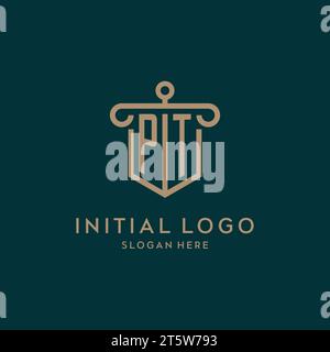 PT monogram initial logo design with shield and pillar shape design Stock Vector