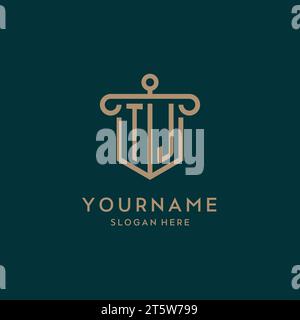 TJ monogram initial logo design with shield and pillar shape design Stock Vector
