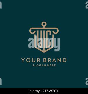 UC monogram initial logo design with shield and pillar shape design Stock Vector