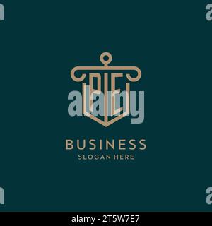 PE monogram initial logo design with shield and pillar shape design Stock Vector