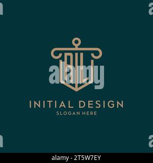 RL monogram initial logo design with shield and pillar shape design Stock Vector
