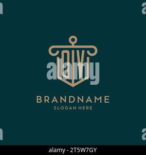 OV monogram initial logo design with shield and pillar shape design Stock Vector
