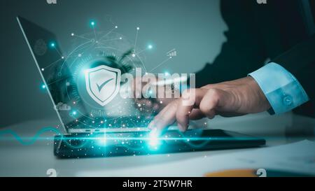 Businessman using tablet secure encryption technology, cybersecurity privacy of data protection, security Internet access, security encryption of user Stock Photo