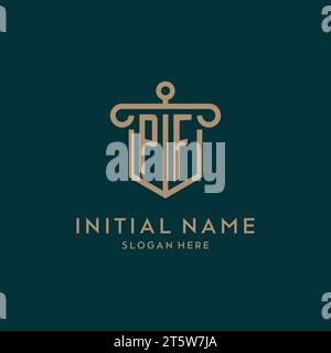 PF monogram initial logo design with shield and pillar shape design Stock Vector