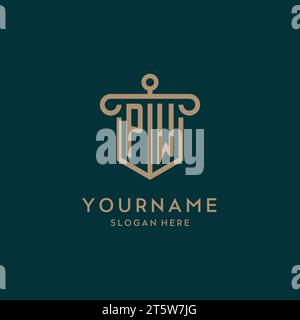 PW monogram initial logo design with shield and pillar shape design Stock Vector