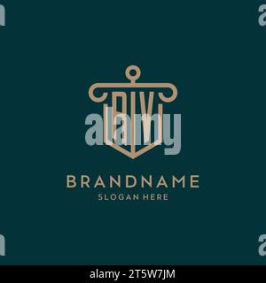 RV monogram initial logo design with shield and pillar shape design Stock Vector