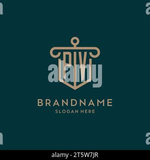 PV monogram initial logo design with shield and pillar shape design Stock Vector