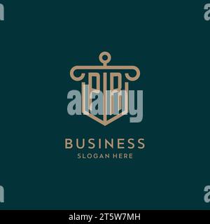 PR monogram initial logo design with shield and pillar shape design Stock Vector
