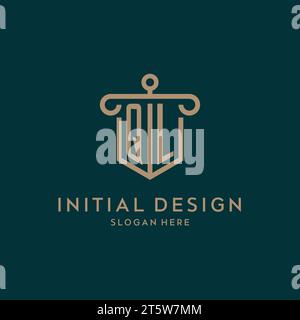 QL monogram initial logo design with shield and pillar shape design Stock Vector