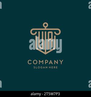 UA monogram initial logo design with shield and pillar shape design Stock Vector