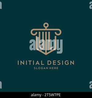 UL monogram initial logo design with shield and pillar shape design Stock Vector