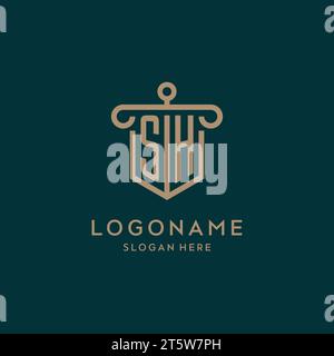 SH monogram initial logo design with shield and pillar shape design Stock Vector