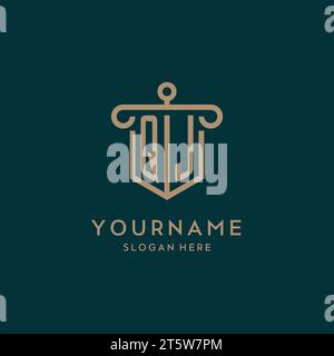 QJ monogram initial logo design with shield and pillar shape design Stock Vector