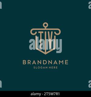 TV monogram initial logo design with shield and pillar shape design Stock Vector