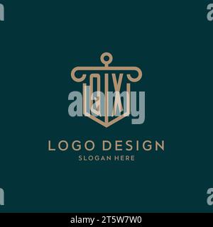 QX monogram initial logo design with shield and pillar shape design Stock Vector