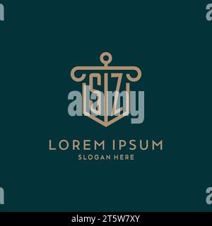 SZ monogram initial logo design with shield and pillar shape design Stock Vector