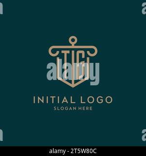 TG monogram initial logo design with shield and pillar shape design Stock Vector