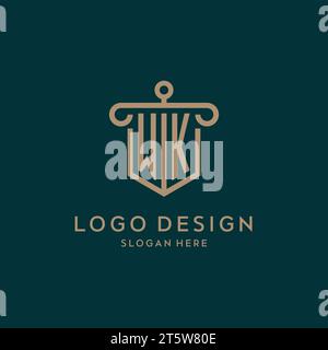 WK monogram initial logo design with shield and pillar shape design Stock Vector
