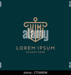VM monogram initial logo design with shield and pillar shape design Stock Vector