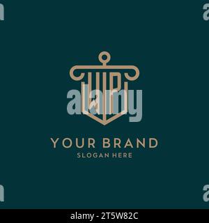 WP monogram initial logo design with shield and pillar shape design Stock Vector