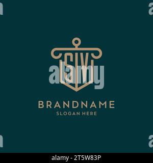 SV monogram initial logo design with shield and pillar shape design Stock Vector